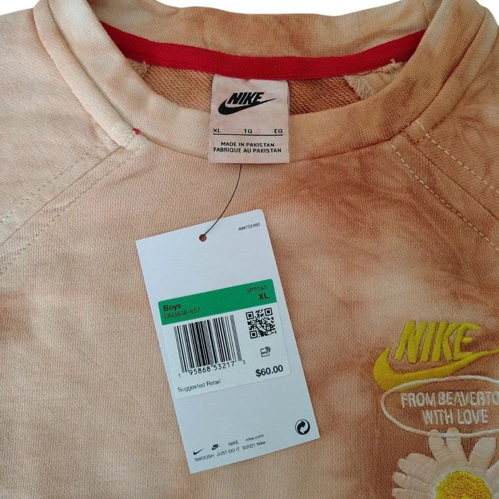 Nike Kids Crewneck Sweatshirt XL Tie Dye Daisy Peach Brown Have A Nike Day NEW